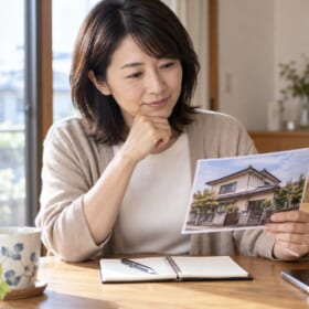 実家の写真を見ながら解体相談の準備をする女性のイメージ